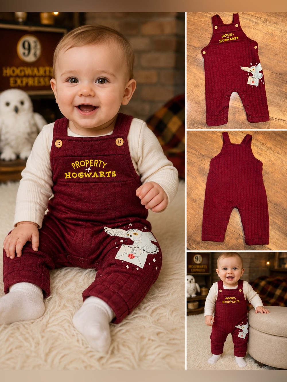 Harry Potter Wizarding World Baby Romper 3-6M Hogwarts Hedwig Burgundy Overalls